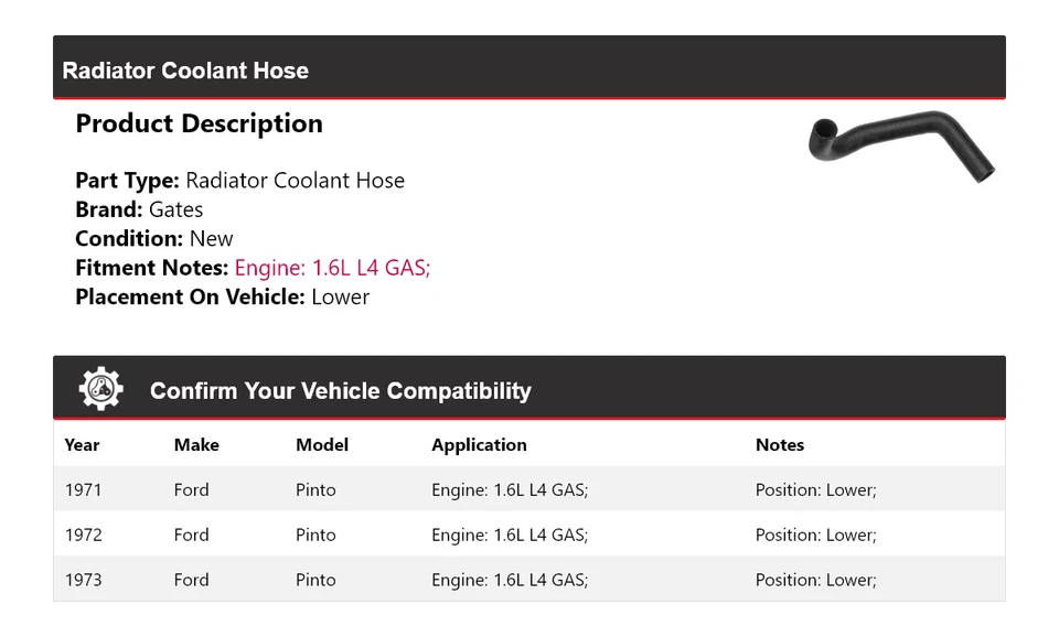 Manguera de refrigerante de radiador de gas L4 1,6 L 1971-1973 Ford Pinto puertas inferiores 1972 Foto 2 de 4