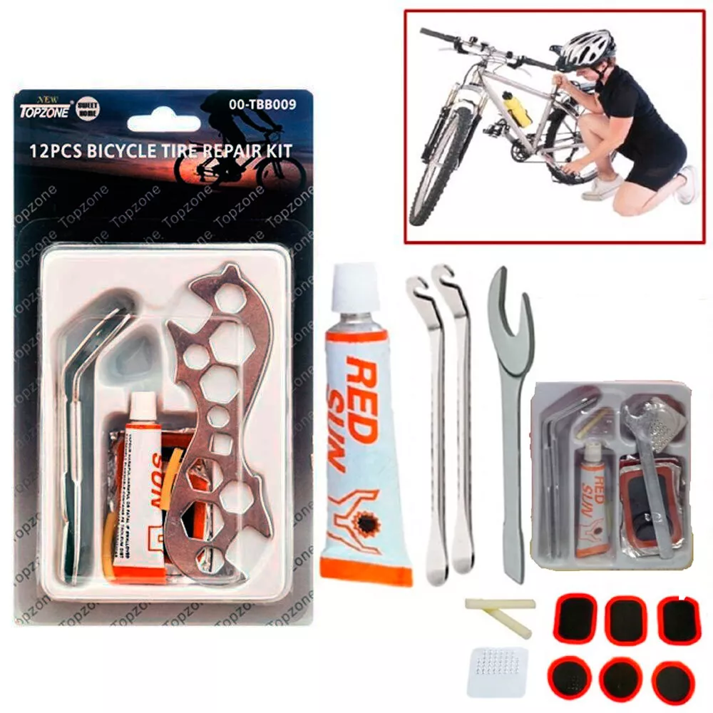 12pc Bicicleta Neumático Kit de Reparación Moto Tubo Pinchazos