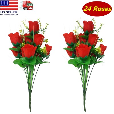 24 Red Rose Buds, Artificial Silk Flowers, Wedding Bouquets, Home, Faux Roses
