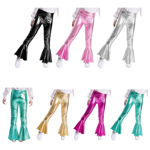 Kids Girls Shiny Flared Bell Bottom Pants Jazz Dance Trousers Dancewear - Picture 2 of 33
