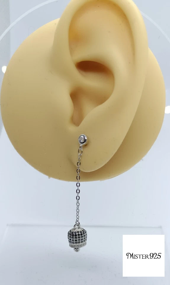 Orecchini argento 925 pendenti donna campanella di capri con zirconi neri - Immagine 4 di 4