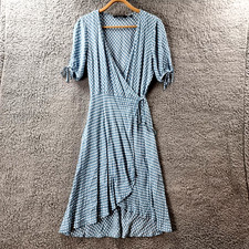 GLASSONS Womens Wrap Dress Size 8 Blue White Spot Short Sleeve A-line Midi Tie