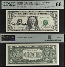 1977 $1 Federal Reserve Note - PMG 66EPQ - Dual Autograph - Morton / Blumenthal