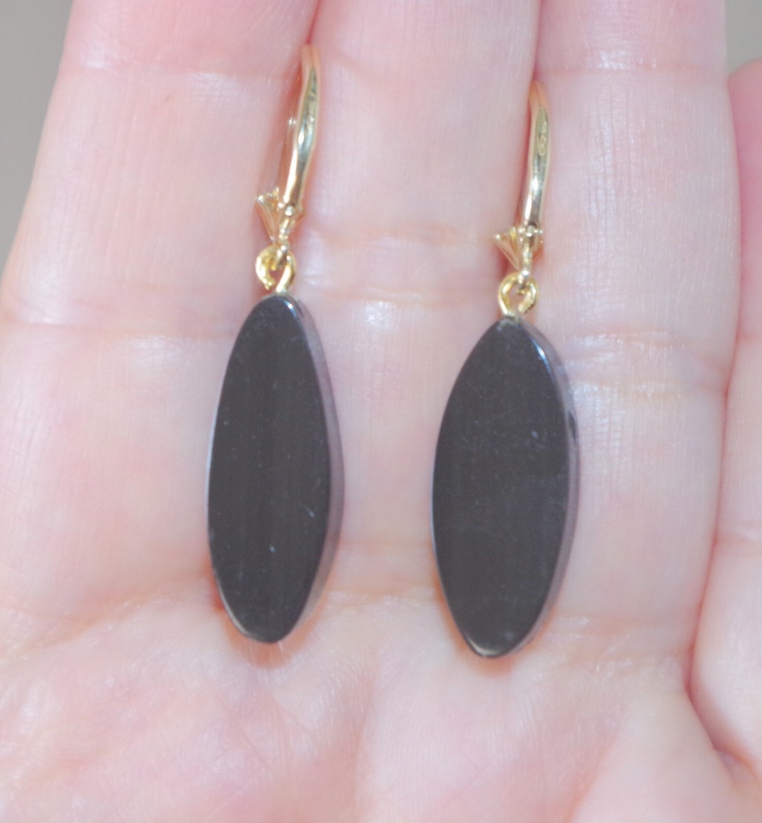 Genuine Antique 14K Carved Elongated Oval Painted Black Coral Earrings View 4