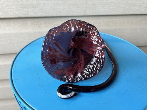 Purple White Stripe Swirls Flower Coiled Stem Art Glass Sculpture Figurine 8"