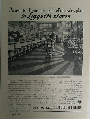 1936 Armstrong linoleum floor in Liggett Drugstore Washington DC vintage ad