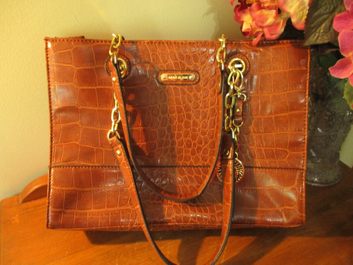 ANNE KLEIN FAUX EMBOSSED LEATHER ALLIGATOR BROWN HANDBAG PURSE WGOLD CHAIN