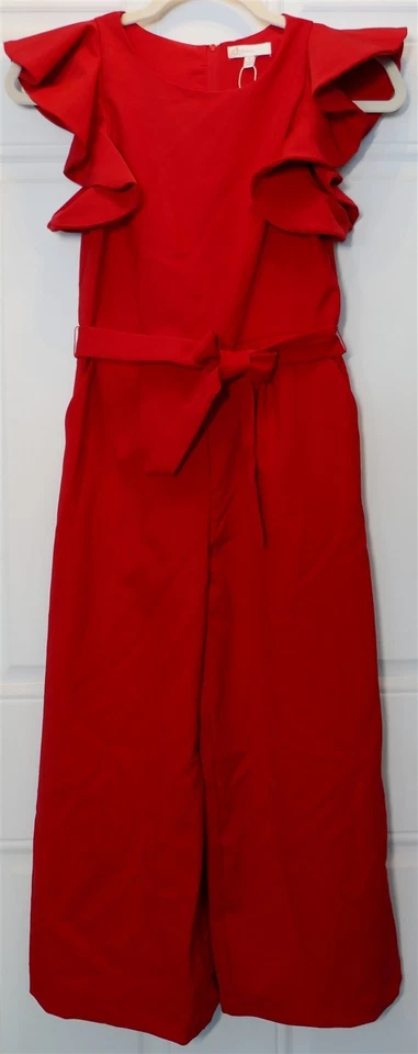 NWOT GB Gianni Bini Tie Front Tiered Ruffle Sleeve Jumpsuit Mulberry Red Girl 12 - Image 3 of 4
