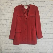 Oscar De La Renta Womens Red Lined V Neck 2 Button Closure Blazer Sz 10