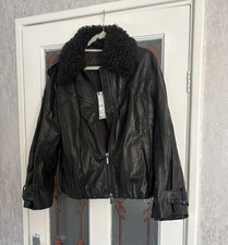 ZARA Women’s Black Faux Leather Bomber Jacket Fur Trim Collar Lined Zip S