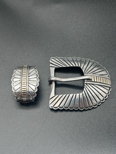 Victor Hicks Hand Made Sterling Silver 14K Gold Navajo Buckle And Keeper