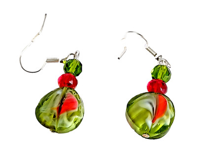 Earrings Cut Glass Fauceted Beaded Green Red White Swirl Candy Dangle Drop 2''