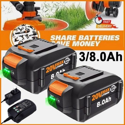 2Pack For WORX 20V MAX Extend Lithium 8.0Ah Battery/Charger 20Volt WA3520 WA3578