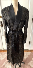 VTG Men's Satin Smoking Jacket Robe W Belt Black Gold Medallion L MINT