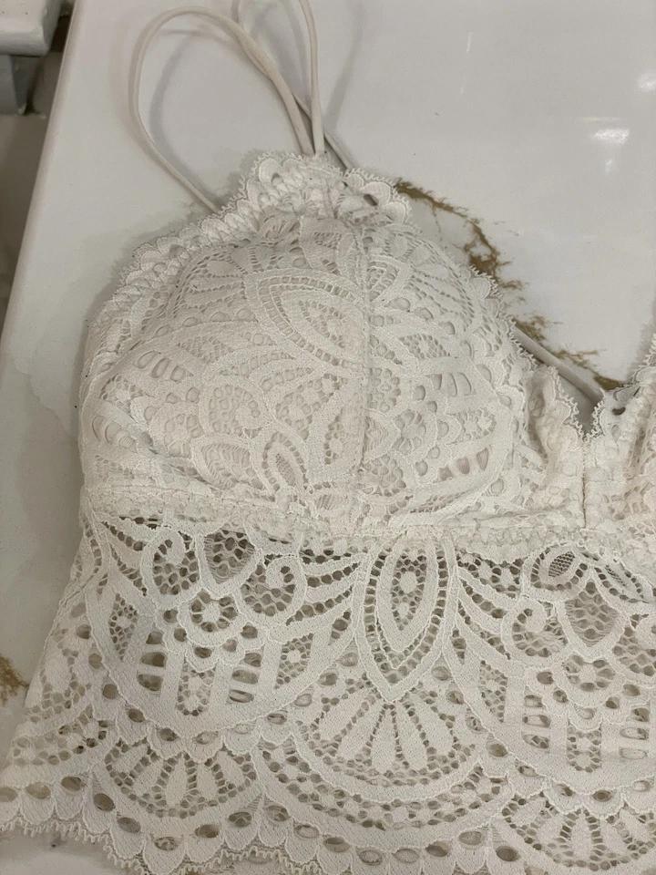Gilly Hicks Strappy Lace Bralette Women Medium White Wireless Padded Longline - Image 2 of 4