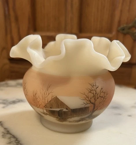 Fenton Hand Painted Custard Glass Ruffled Vase - Barn Scene Signed
