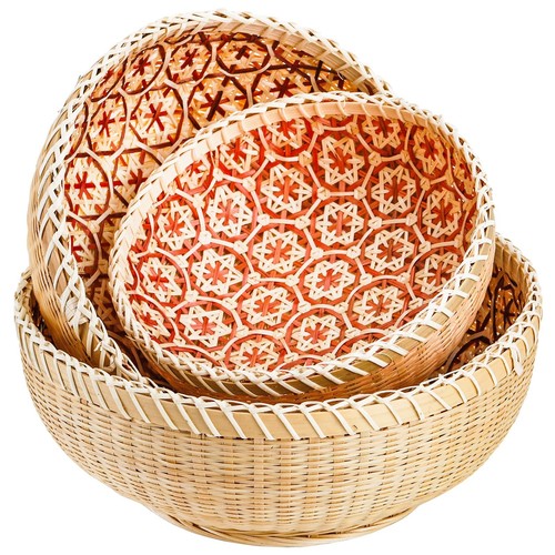 Set of 3 Wicker Woven Storage Basket, Bamboo Bread Basket Round Rattan Servin...