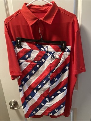 Royal & Awesome Stars Stripes Red White Blue 38  Golf Shorts; matching XL Shirt