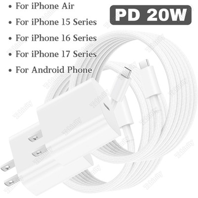 20W USB-C PD Fast Charger Cable Type C Adapter For iPhone Air 17 16 15 Samsung