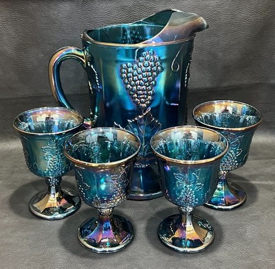 希少　手吹きガラス　カラフルガラス　ボウル・コップ4個セット　アンティーク Indiana Carnival Glass 64 oz Pitcher with Four Goblets Grape