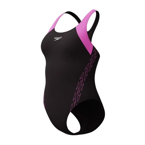 SPEEDO WOMENS HYPERBOOM RACERBACK SWIMSUIT SWIMMING COSTUME BLACK/PINK UK 20