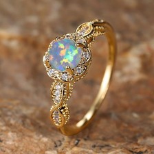 Classic Round Flower White Fire Opal Gemstone Yellow Gold Wedding Rings