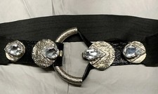 Vtg Black Stretchy Belt Faceted Stones  Hammered Silver w/Hook  Loop Fastener