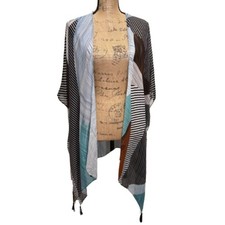 Moss Rose Open Front Kimono Tassel Hem Abstract Print Flowy Coverup One Size