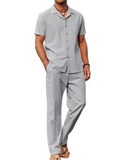 Men Linen Matching Short Sleeve Shirt and Loose Pant Set light Grey, M 