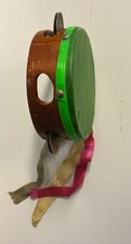 Vintage 5" Hand Tambourine Animal Hide Head Wood Frame Metal Jingles Unbranded