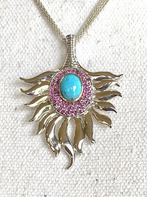Sally C Treasures Sterling Silver Turquoise Ruby Thailand SX Pendant Necklace