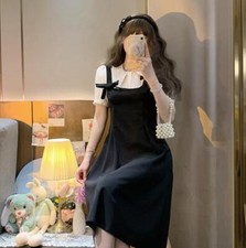 Summer New French preppy suspender skirt Fake two piece bow short sleeve dress 