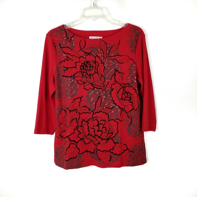 Rebecca Malone Womens Red Black Embellished Knit Petite Top Size PL EUC