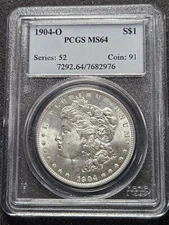 🌟 1904-O Morgan Silver Dollar $1 PCGS MS64 NEW ORLEANS MINT Coin VINTAGE HOLDER