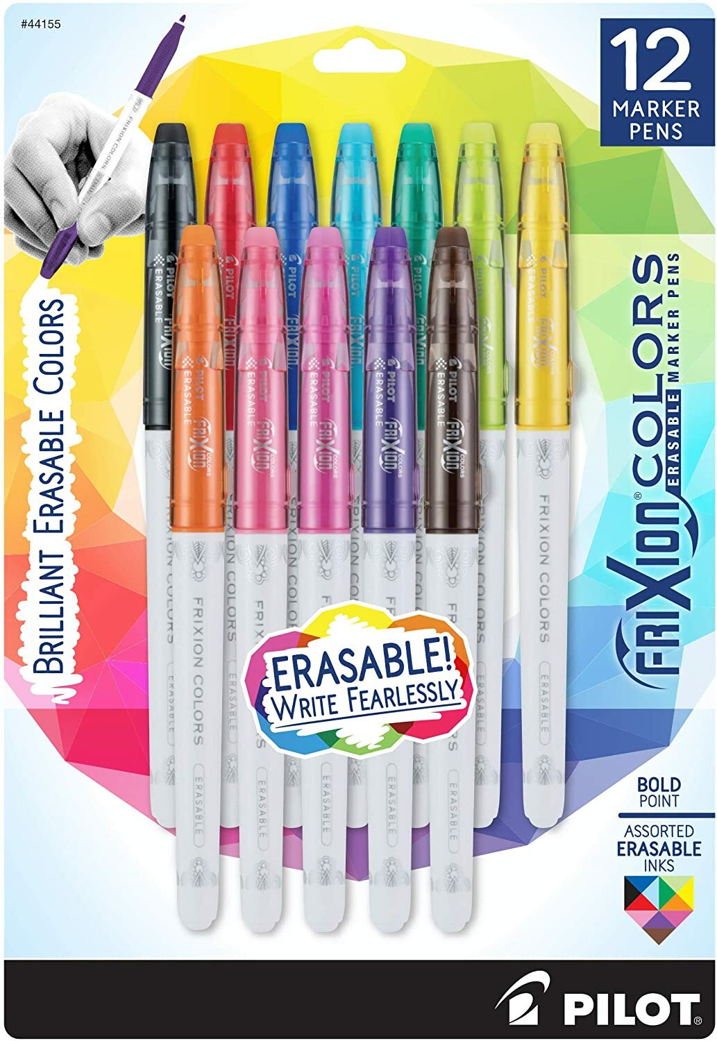 PILOT FriXion Colors Erasable Marker Pens, Bold Point, Assorted Color Inks, 12pk