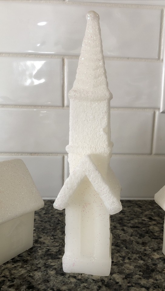 VTG Wax Shaped Christmas Winter Village Candle White Glitter Church