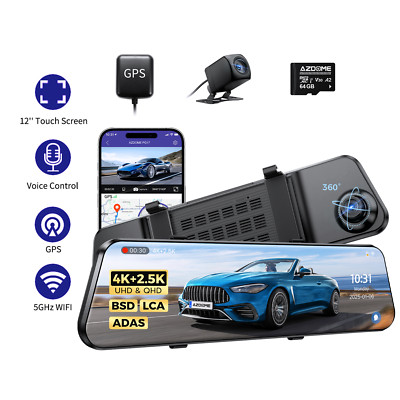 AZDOME 2Kanal 12''4K+2.5K Rückfahrspiegel Dashcam 5GWiFi GPS Park Monitor+64GB TF