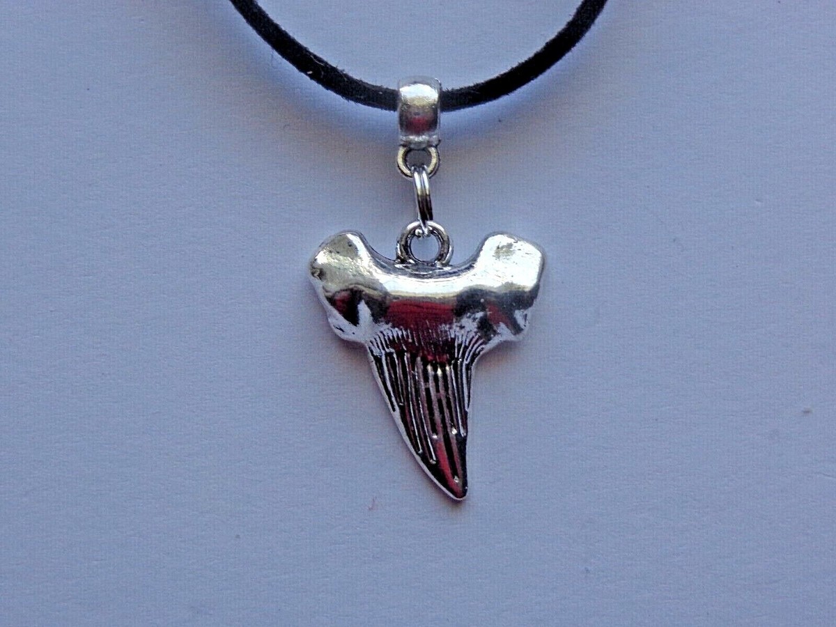 SHARK TOOTH MEN'S SURFERS ADJUSTABLE SILVER NECKLACE VEGAN LEATHER SUEDE  CORD