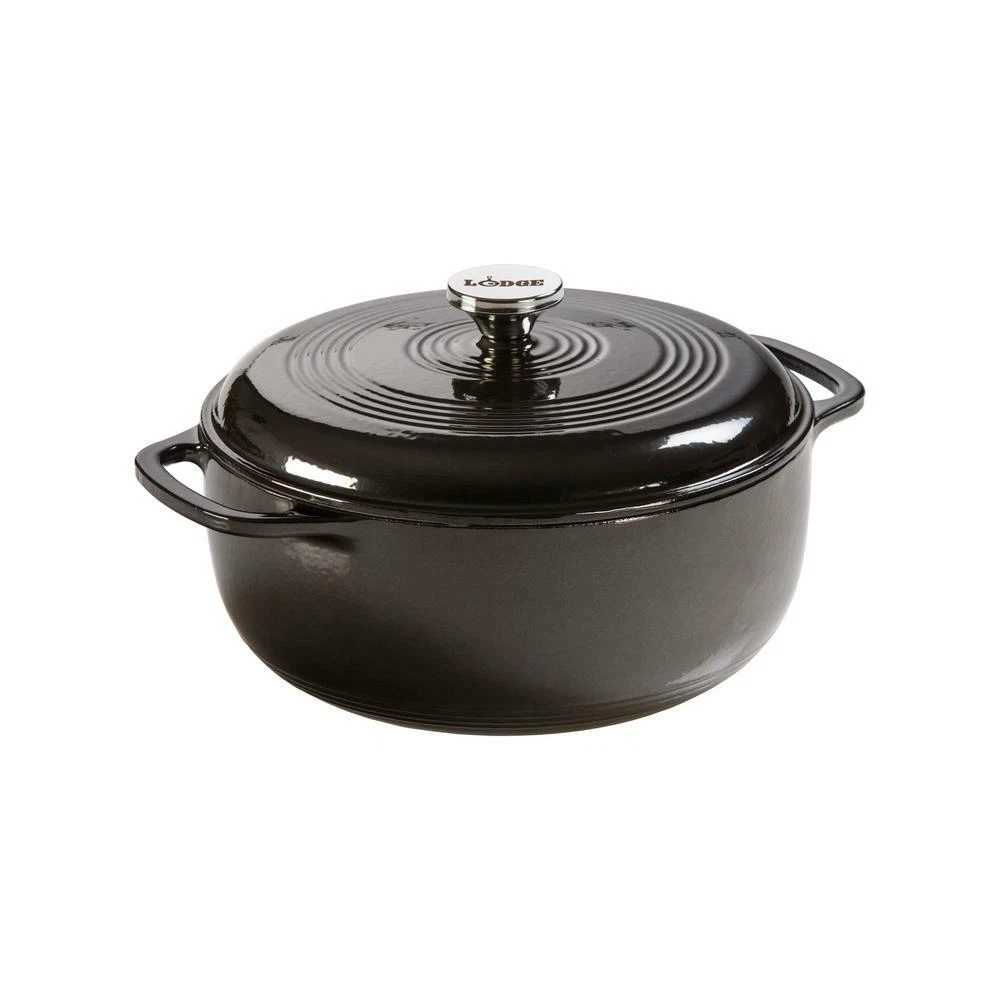 Lodge Dutch Oven Round Enamel Cast Iron Black Broiler Safe Built-in Handle 6 Qt.