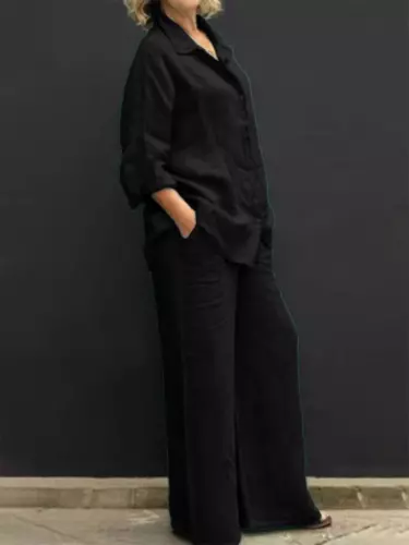 Casual Cotton Linen Two Pieces Set Women Long Sleeve Shirt Trousers Set Suits - Picture 17 of 25