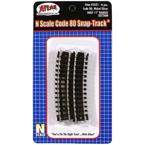 Atlas 2521 N Scale Code 80 Snap 11" track 1/2 Radius Curve (10 Packs of 6)