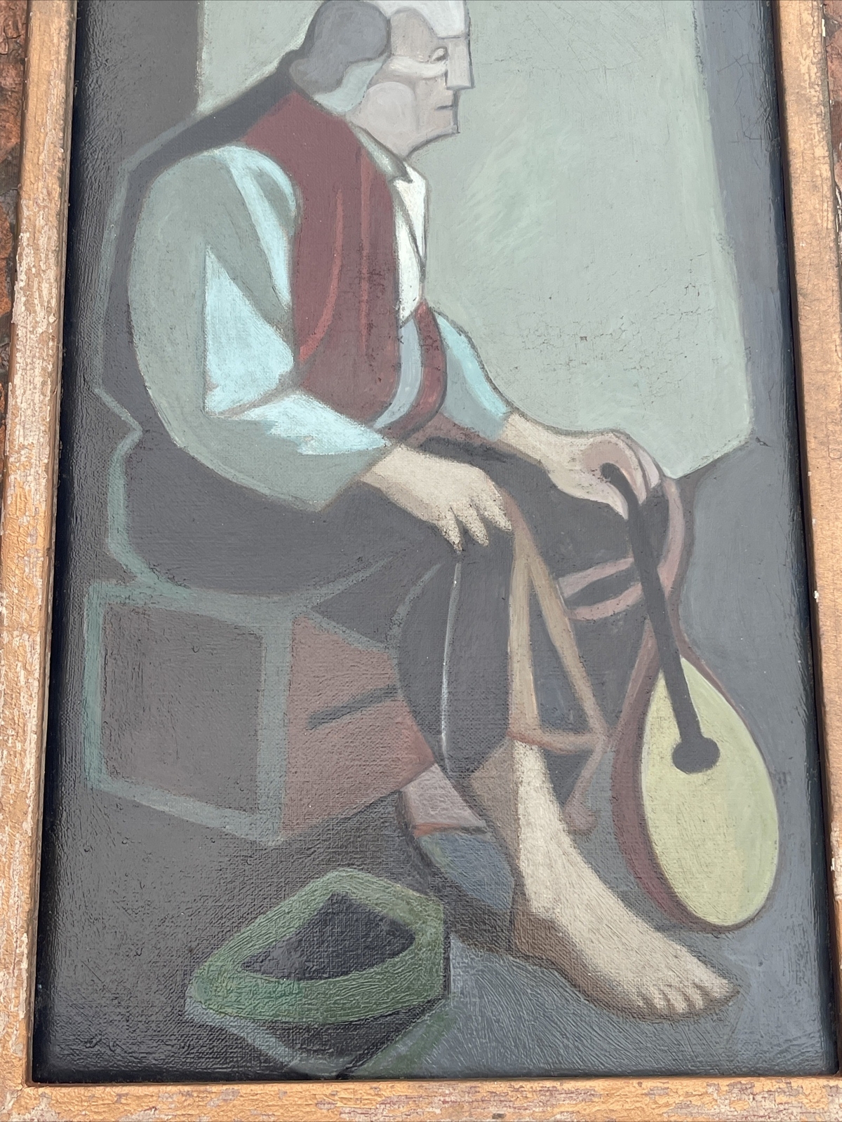 TREW HOCKER PAINTING ANTIQUE WPA ERA PORTRAIT MUSICIAN MANODLIN MODERNISM LISTED