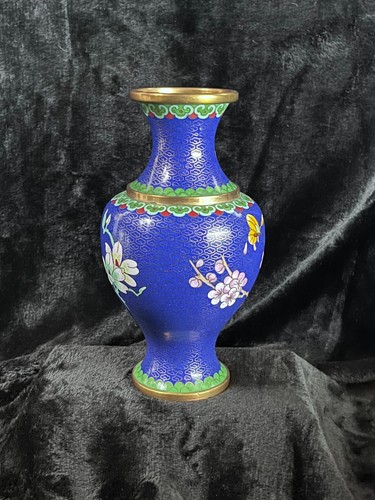 VINTAGE CHINESE CLOISONNE ZI JIN CHENG ENAMEL BRASS VASE 8" Butterfly & Florals - Picture 4 of 22