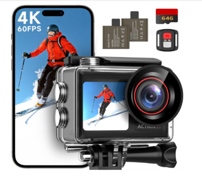 4K Action Kamera, 60FPS, Duel Screen, Anti Shake Funktionen, 64GB Karte, WLAN