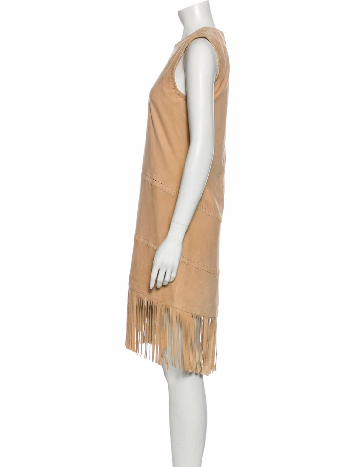 Vestido Rachel Zoe Cabra Gamuza Flecos Talla 2 Tostado Cuello Redondo Cierre Cremallera Sin Mangas Foto 2 de 4