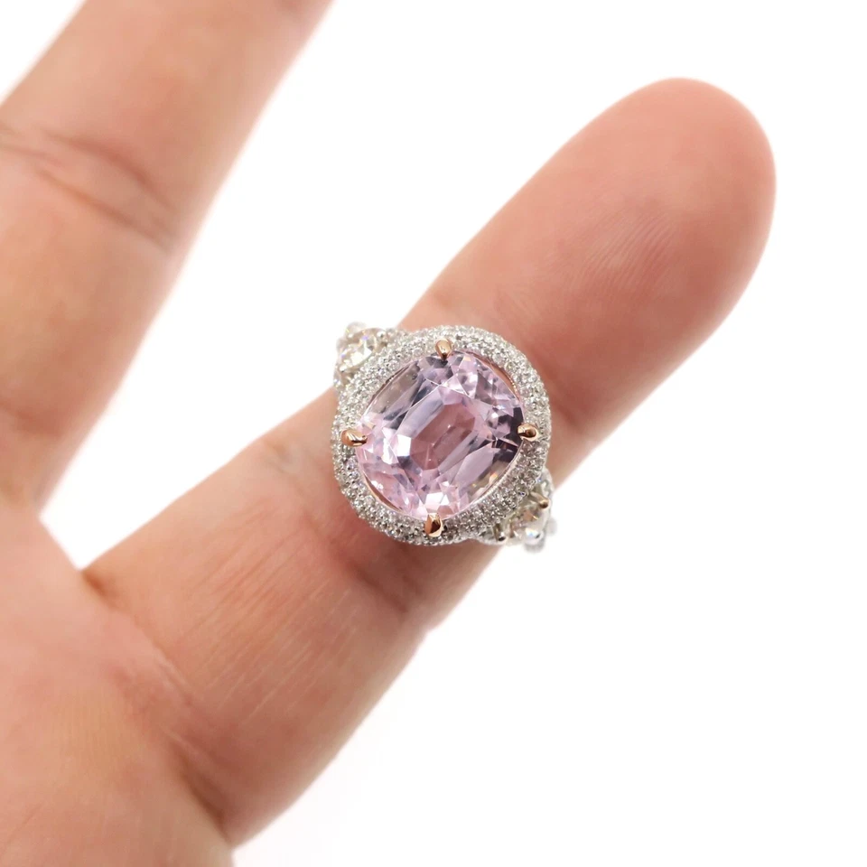 设计师 18k 纯白金 5.50 克拉天然 Kunzite 和钻石戒指 尺寸 6.25 — 第 2/4 张图片