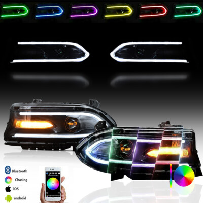 2015-2021 Dodge Charger RGB LED Halo DRL Headlights w/ APP Bluetooth Controller
