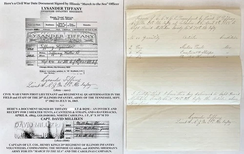 CIVIL WAR MARCH TO SEA LT RQM 20th IL INFANTRY LYSANDER TIFFANY DOCUMENT SIGNED
