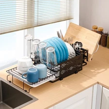 Space Saving Extendable Dish Drainer Rack with Cup & Utensil Holders, 2-Tier