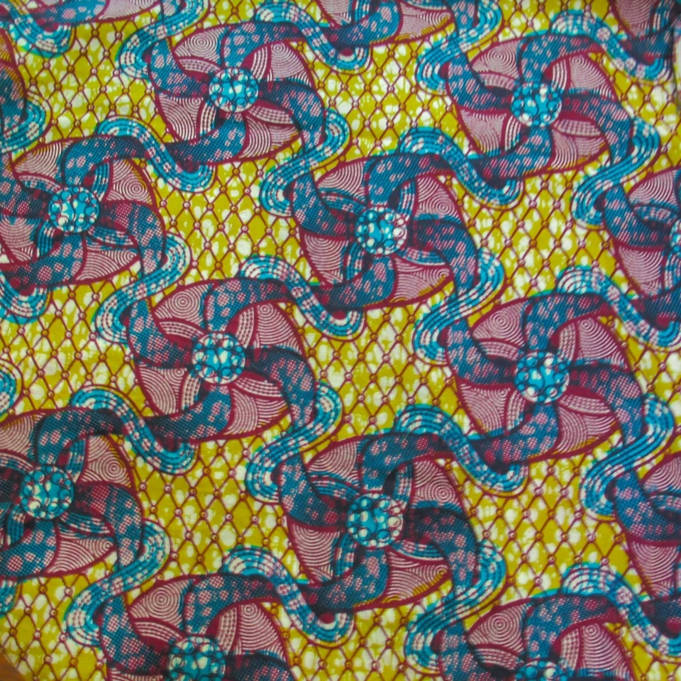African Wax Print Cotton Fabric 22W x 33L Hitarget Phoenix Yellow/Blue/Red Flora - Image 2 of 4